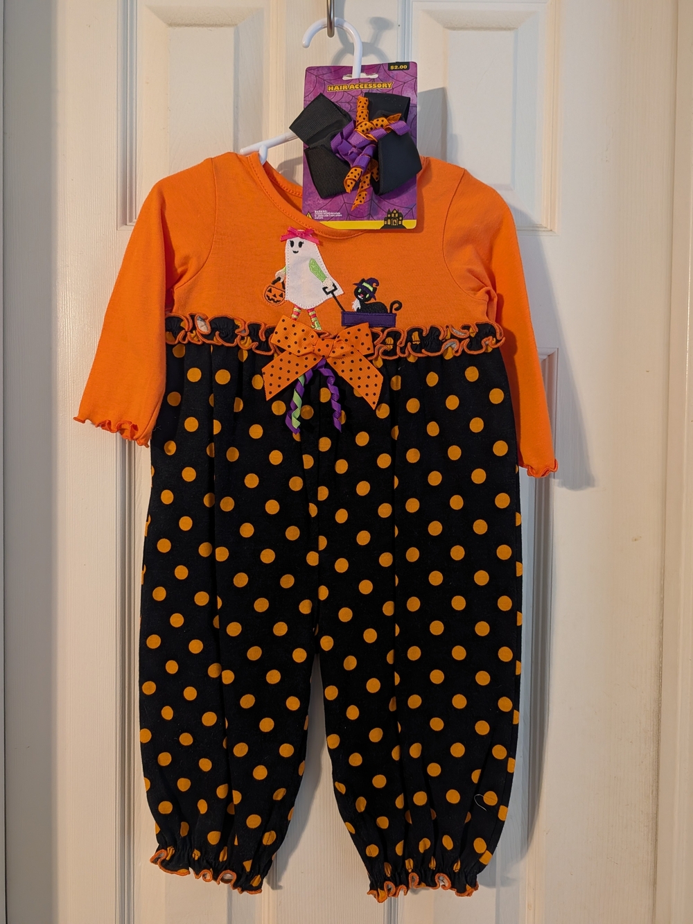 Orange & Black Polka Dot Halloween One-Piece for Kids With Bow